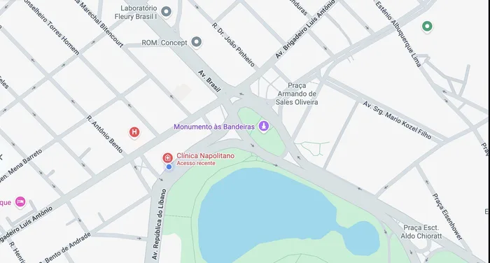 Mapa mostrando a Clínica Napolitano em frente ao Parque Ibirapuera
